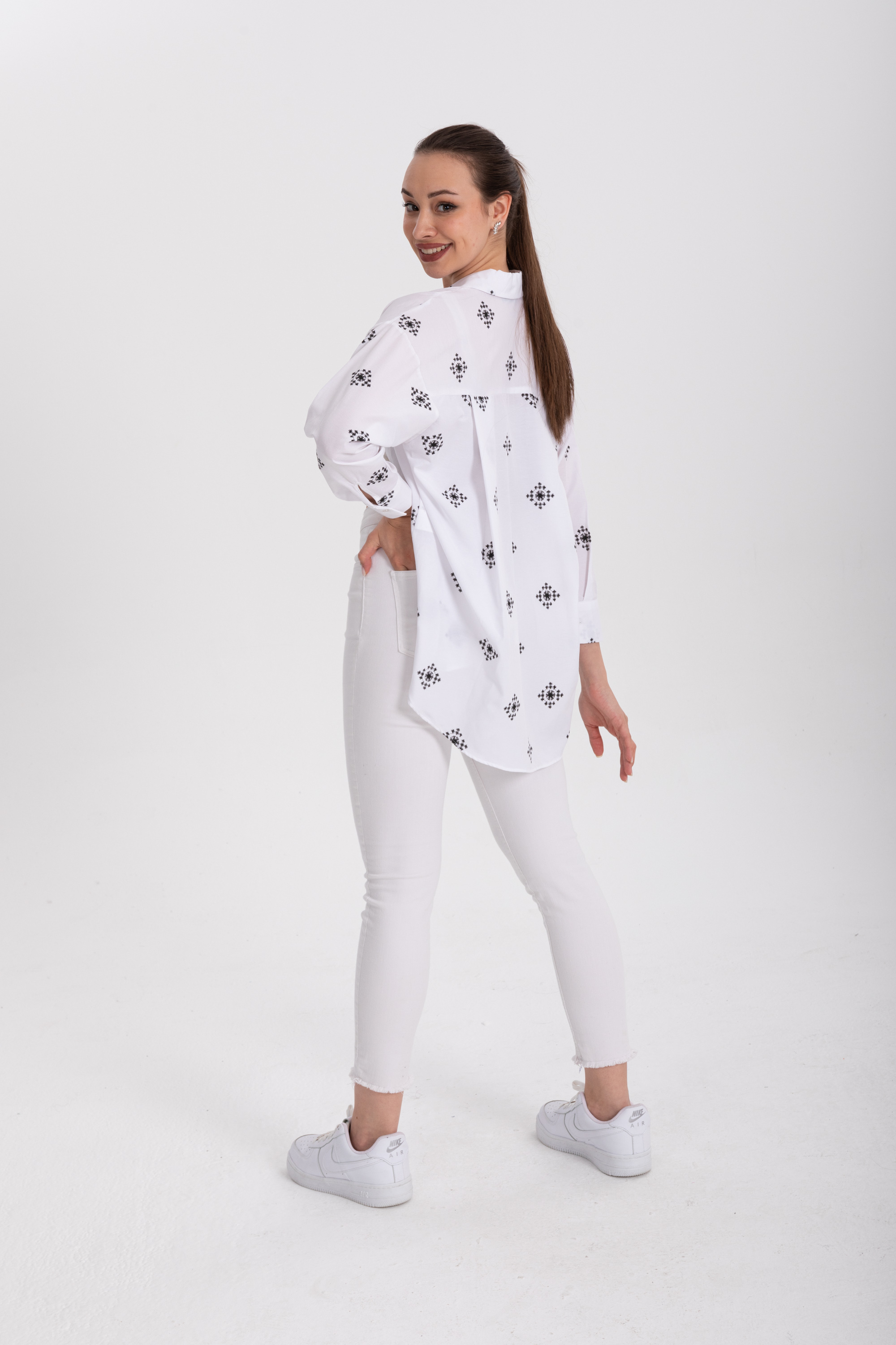 Baskılı Oversize Poplin Gömlek